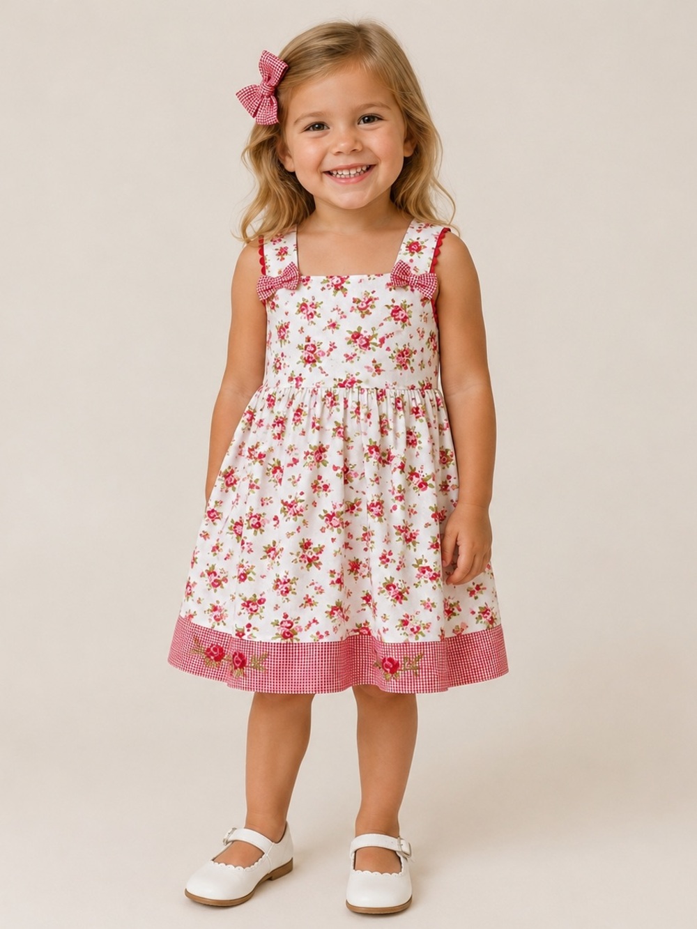 Blueberi Boulevard White Dress with Pink Floral and Gingham Accents